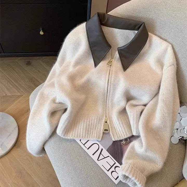 Pull en tricot à col en cuir épissé pour femme, cardigan à double fermeture éclair, manches longues, streetwear vintage doux, mode automne et hiver, nouveau