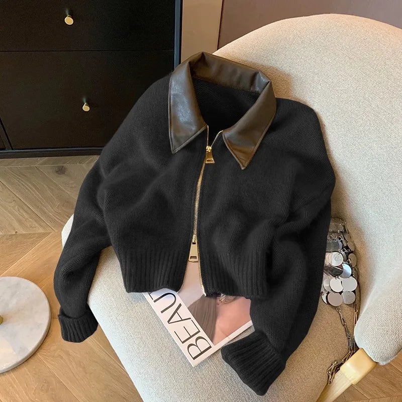 Pull en tricot à col en cuir épissé pour femme, cardigan à double fermeture éclair, manches longues, streetwear vintage doux, mode automne et hiver, nouveau