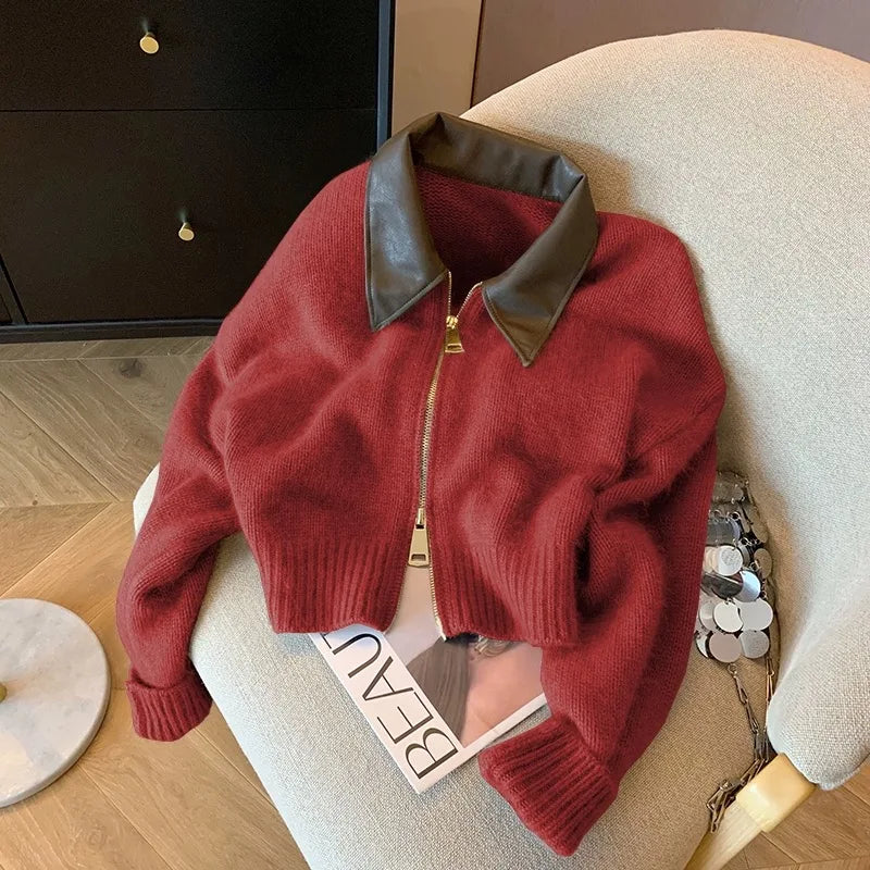 Pull en tricot à col en cuir épissé pour femme, cardigan à double fermeture éclair, manches longues, streetwear vintage doux, mode automne et hiver, nouveau