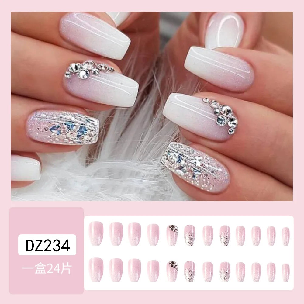 24Pcs Press On Nails Wearable Fake Nails Pink Gradient Glitter Butterfly Rhinestones False Nail Full Cover Acrylic Nail Tips