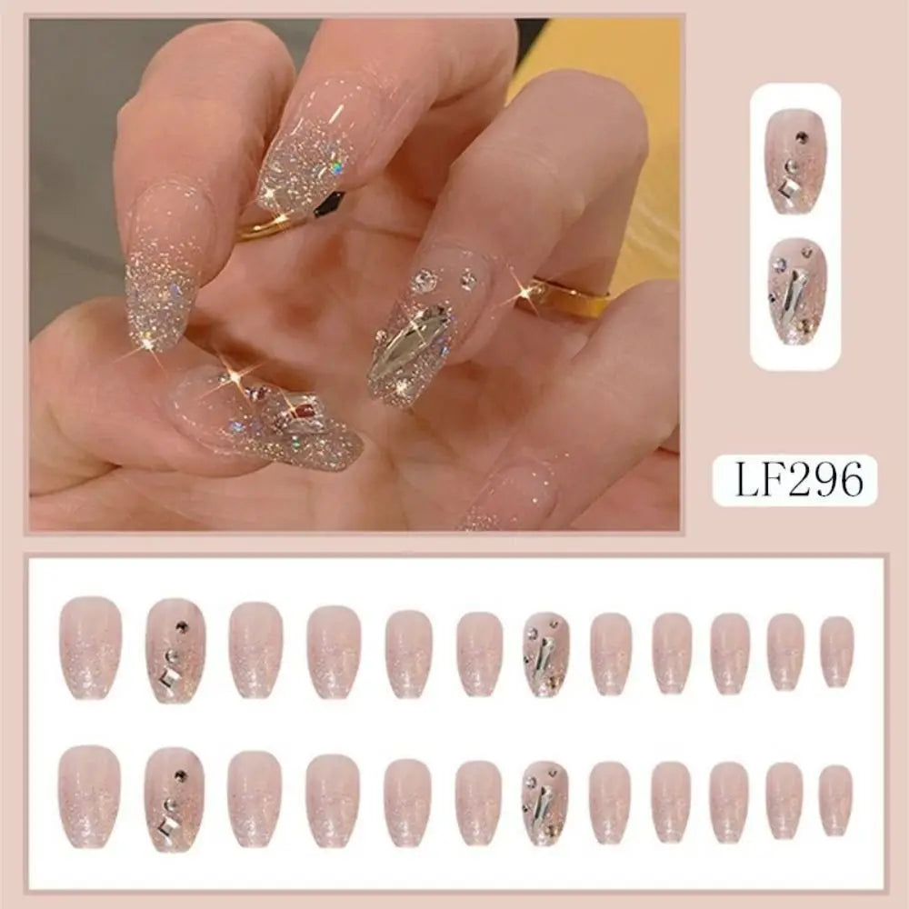 24Pcs Press On Nails Wearable Fake Nails Pink Gradient Glitter Butterfly Rhinestones False Nail Full Cover Acrylic Nail Tips