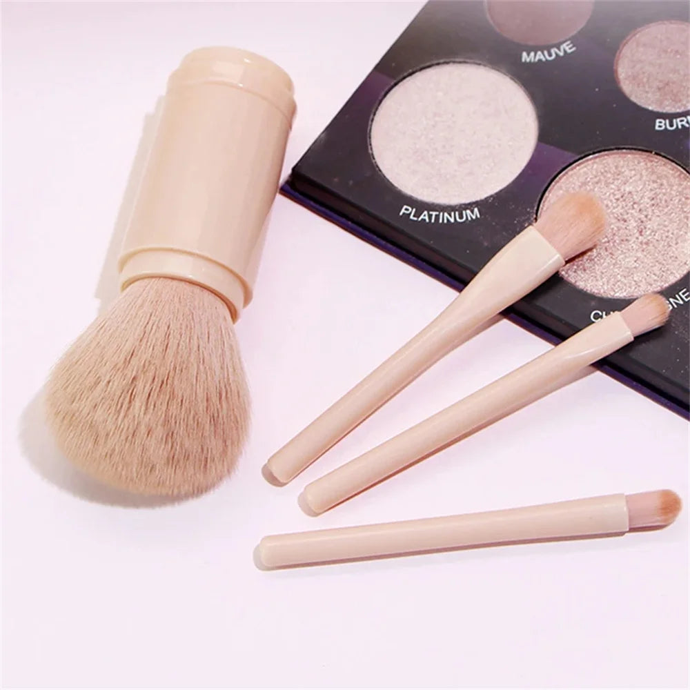 Ensemble de pinceaux de maquillage de voyage, 4 en 1, brosse Kabuki rétractable et 3 petits pinceaux pour les yeux, doux, petit, portable pour la retouche