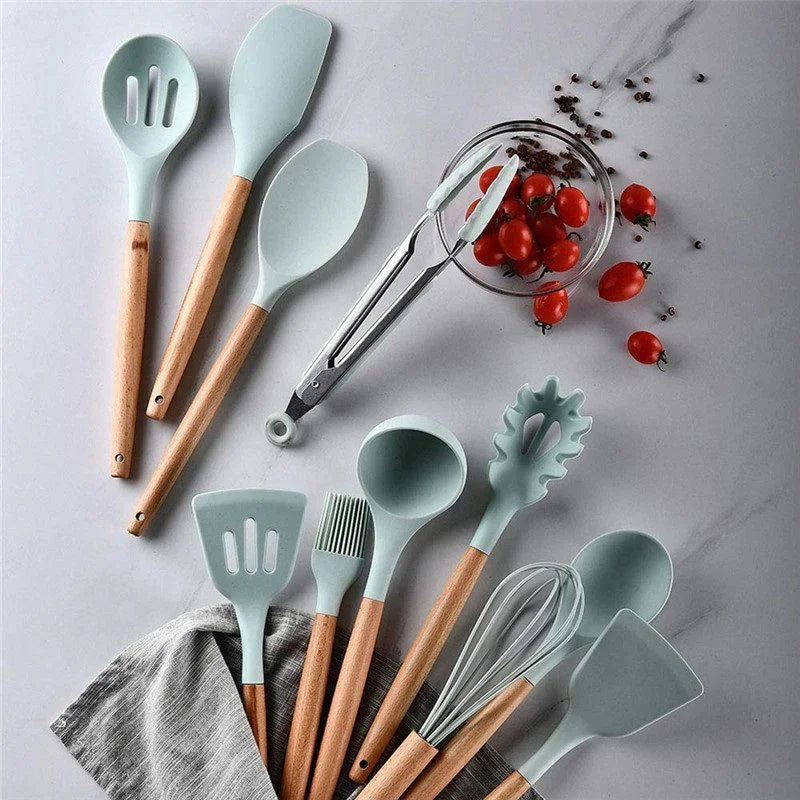 12-Piece Silicone Kitchen Utensil Set with Wooden Handles