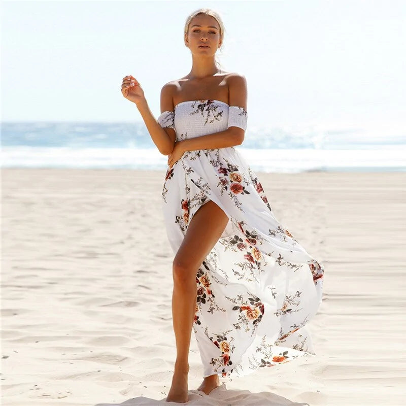 Robe d'été de plage sexy fendue et à épaules dénudées