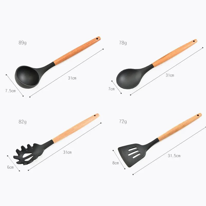 12-Piece Silicone Kitchen Utensil Set with Wooden Handles