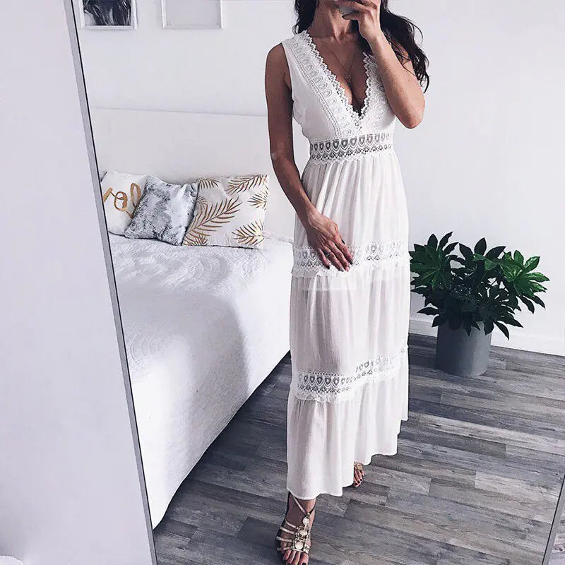 Robe Maxi en Dentelle à Col en V Profond et Sexy