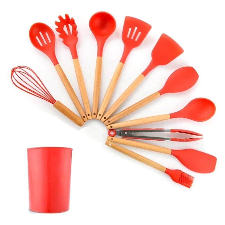 12-Piece Silicone Kitchen Utensil Set with Wooden Handles