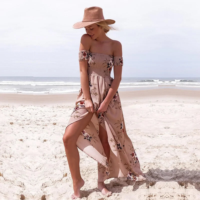 Robe d'été de plage sexy fendue et à épaules dénudées