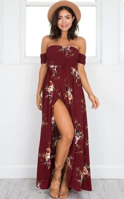 Robe d'été de plage sexy fendue et à épaules dénudées