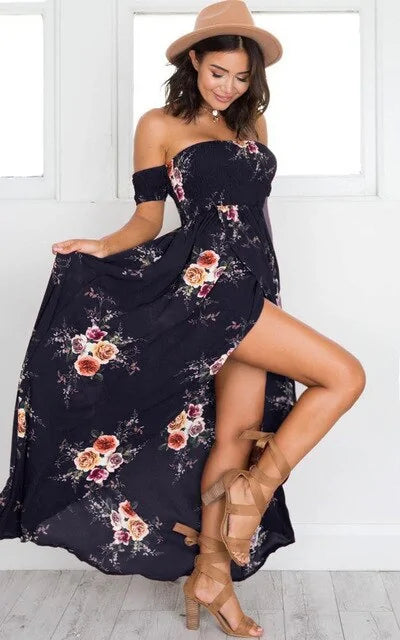 Robe d'été de plage sexy fendue et à épaules dénudées